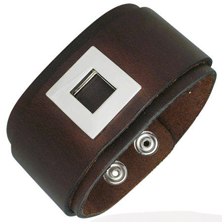 Brown Leather Square Wrap Snap Wristband Bracelet by Dazzling Jewellers