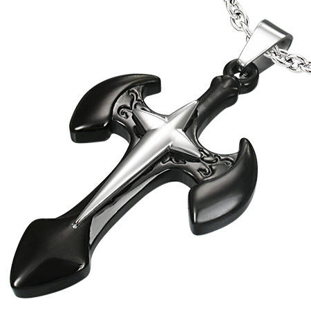 Stainless Steel 2-tone 3D Shining Star Battle Axe Cross Pendant by Dazzling Jewellers