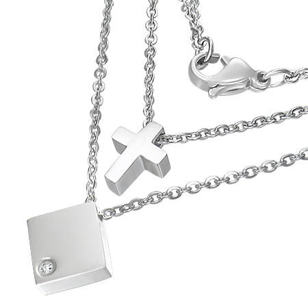Stainless Steel Latin Cross Square Charm Double Strand Necklace w/ C Z - by Dazzling Jewellers