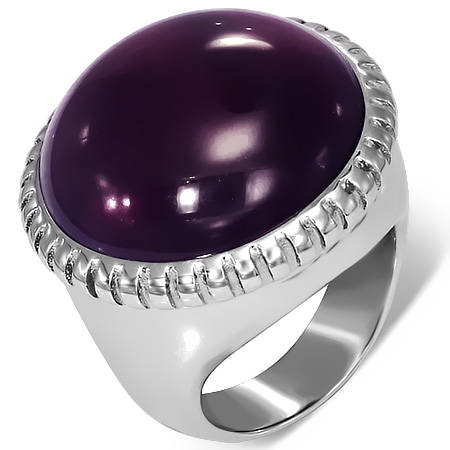 Stainless Steel Bezel-Set Round C ircle Purple/ Violet Glass Stone - by Dazzling Jewellers