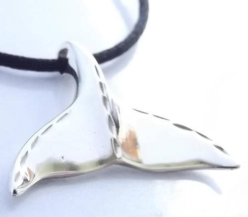 Whale Tail Pendant with adjustable Black Silk Cord. Sterling Silver