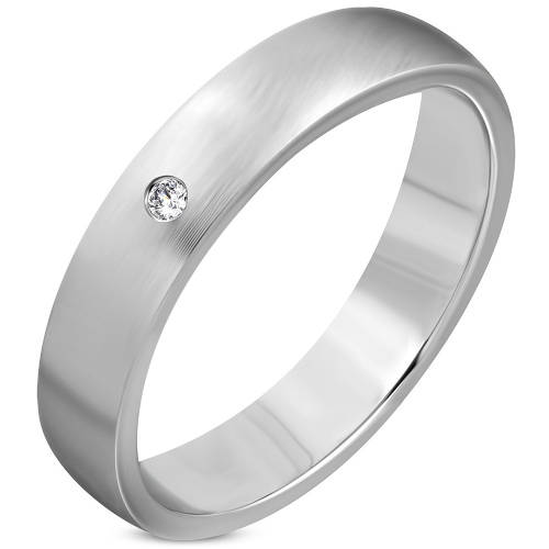 5mm | Stainless Steel Matte, Plain Half-Round Wedding Ring w/ Clear CZ Size SA Y-Z. ZRO048