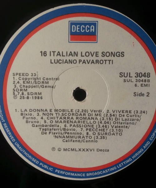 Luciano Pavarotti - 16 Greatest Italian Love Songs 1986 Vinyl LP SA