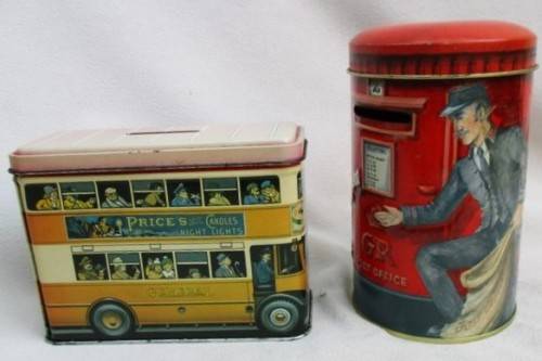 A VERY COLLECTABLE SILVER CRANE 'BUS'  SAVINGS BANK TIN AND A CHURCHILLS OF LONDON POST BOX ONE !!