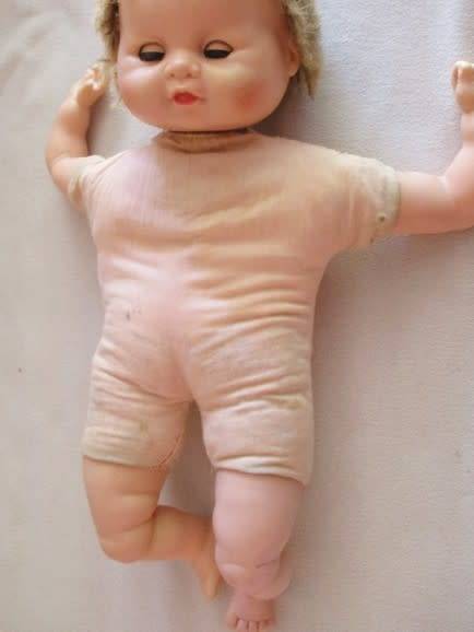 VINTAGE 1961 BABY DOLL - 43CM TALL - MARKED 'U PLATED MOULDE INC 1961' ON BACK OF HEAD