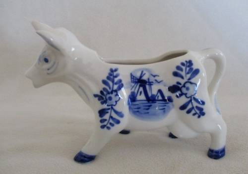 TWO HAND PAINTED DELFT BLUE COW CREAMERS - ONE DEFINITELY VINTAGE