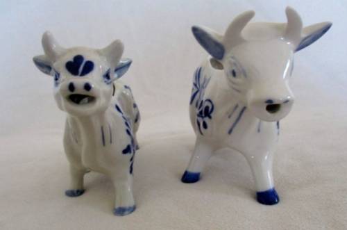 TWO HAND PAINTED DELFT BLUE COW CREAMERS - ONE DEFINITELY VINTAGE