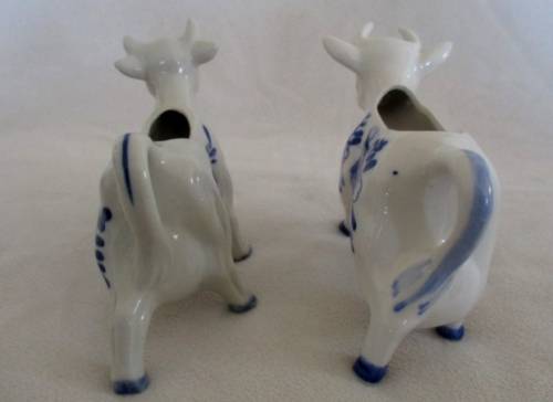 TWO HAND PAINTED DELFT BLUE COW CREAMERS - ONE DEFINITELY VINTAGE