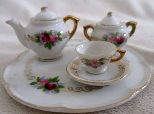 THE PRETTIEST, DELICATE PORCELAIN TEA SET TO DISPLAY WITH YOUR COLLECTABLE BEARS AND DOLLS!