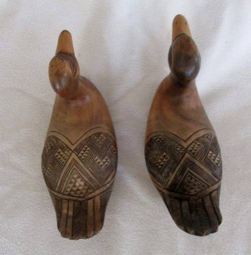 TWO DECORATIVE HAND CARVED SOLID WOODEN DUCKS