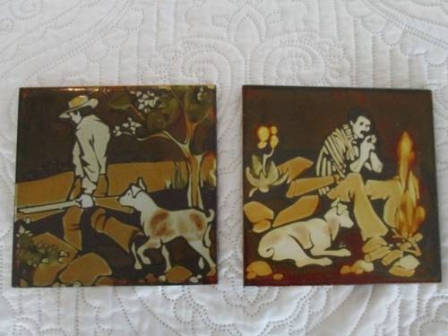 TWO MEN AND THEIR DOGS - DECORATIVE CERAMIC TILES 1970's/80's - ONE PILKINGTON AND ONE LIEBERMANN?