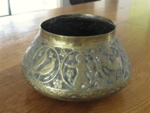AWESOME ANTIQUE HAND ENGRAVED PERSIAN? TURKISH? BRASS BOWL DEPICTING  MEN, DEER AND BIRDS