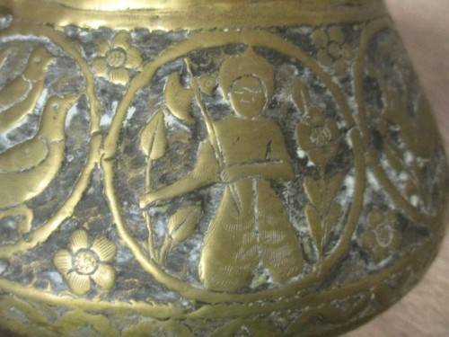 AWESOME ANTIQUE HAND ENGRAVED PERSIAN? TURKISH? BRASS BOWL DEPICTING  MEN, DEER AND BIRDS