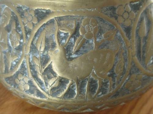 AWESOME ANTIQUE HAND ENGRAVED PERSIAN? TURKISH? BRASS BOWL DEPICTING  MEN, DEER AND BIRDS