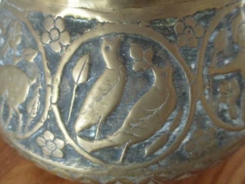 AWESOME ANTIQUE HAND ENGRAVED PERSIAN? TURKISH? BRASS BOWL DEPICTING  MEN, DEER AND BIRDS