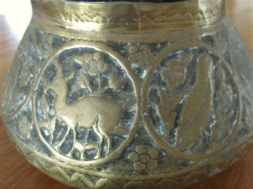 AWESOME ANTIQUE HAND ENGRAVED PERSIAN? TURKISH? BRASS BOWL DEPICTING  MEN, DEER AND BIRDS