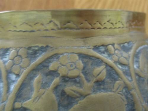 AWESOME ANTIQUE HAND ENGRAVED PERSIAN? TURKISH? BRASS BOWL DEPICTING  MEN, DEER AND BIRDS
