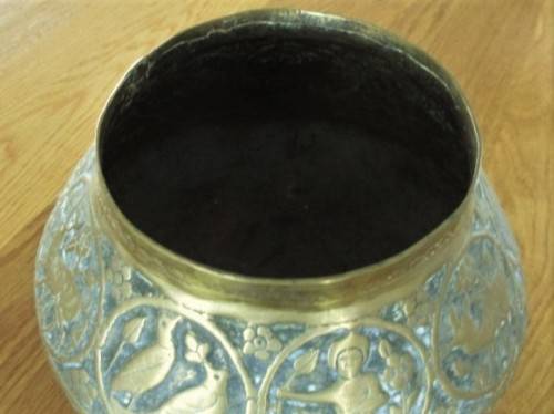 AWESOME ANTIQUE HAND ENGRAVED PERSIAN? TURKISH? BRASS BOWL DEPICTING  MEN, DEER AND BIRDS