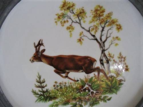 VINTAGE HAND PAINTED MELITTA, GERMANY PORCELAIN PLATE IN UNIQUE, REMOVABLE PEWTER FRAME