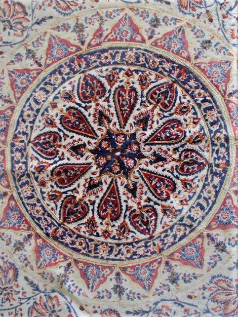 VINTAGE HAND BLOCKED PRINTED (NATURAL DYED) PERSIAN GHALAMKAR TABLE CLOTH/THROW - SIGNED
