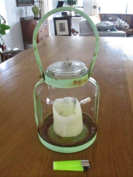LARGE VERY OLD BOTTLE & PAINTED METAL CANDLE HOLDER TO ADD RUSTIC CHARM TO YOUR KITCHEN OR GARDEN