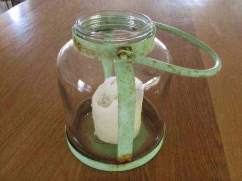LARGE VERY OLD BOTTLE & PAINTED METAL CANDLE HOLDER TO ADD RUSTIC CHARM TO YOUR KITCHEN OR GARDEN