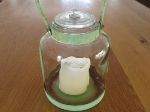 LARGE VERY OLD BOTTLE & PAINTED METAL CANDLE HOLDER TO ADD RUSTIC CHARM TO YOUR KITCHEN OR GARDEN
