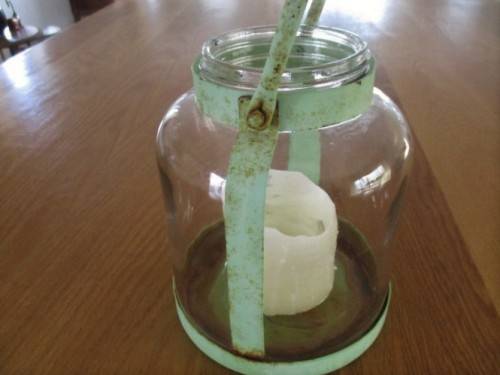 LARGE VERY OLD BOTTLE & PAINTED METAL CANDLE HOLDER TO ADD RUSTIC CHARM TO YOUR KITCHEN OR GARDEN