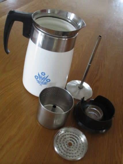 LARGE 6-CUP CORNING WARE STOVE TOP PERCOLATOR - BLUE CORNFLOWER DESIGN