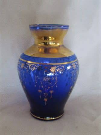 VINTAGE COBALT BLUE VASE WITH GOLD TRIMMING (PLEASE DISREGARD REFLECTIONS)