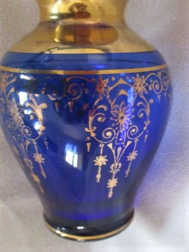 VINTAGE COBALT BLUE VASE WITH GOLD TRIMMING (PLEASE DISREGARD REFLECTIONS)