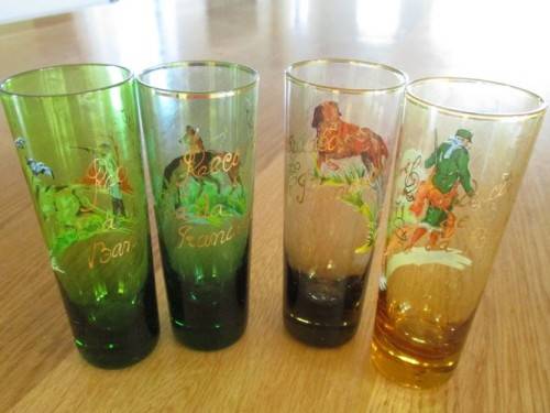 SET OF 4 VINTAGE SPANISH LONG SHOT GLASSES DEPICTING DIFFERENT HUNTING SCENES  FROM SA DA BANDEIRA