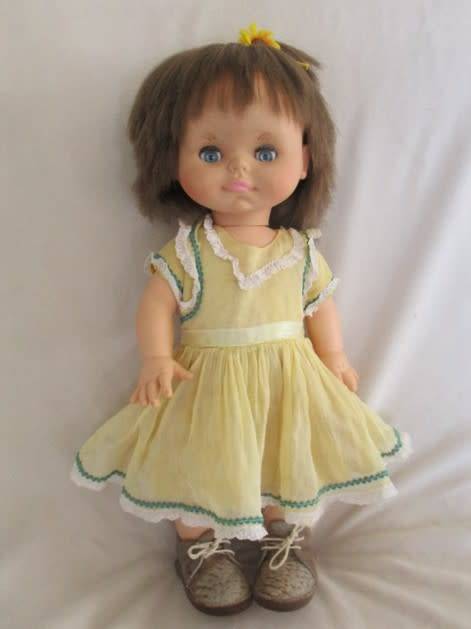 CUTE CHEEKY FACED VINTAGE DOLL IN ORIGINAL DRESS AND REAL LEATHER SHOES