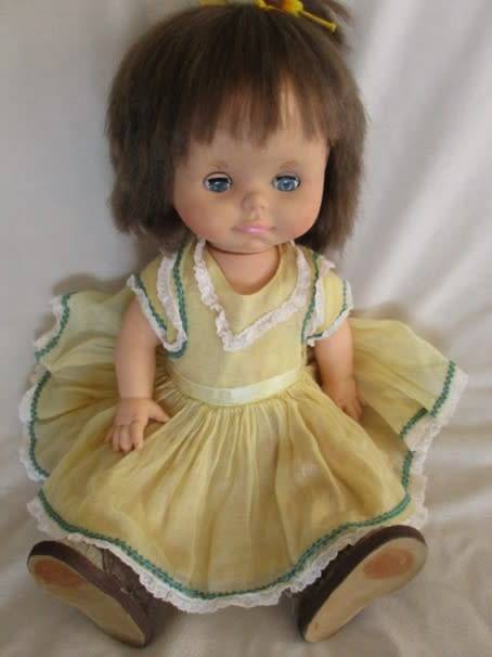 CUTE CHEEKY FACED VINTAGE DOLL IN ORIGINAL DRESS AND REAL LEATHER SHOES