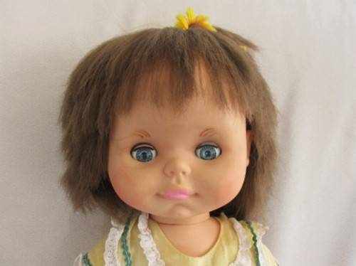CUTE CHEEKY FACED VINTAGE DOLL IN ORIGINAL DRESS AND REAL LEATHER SHOES