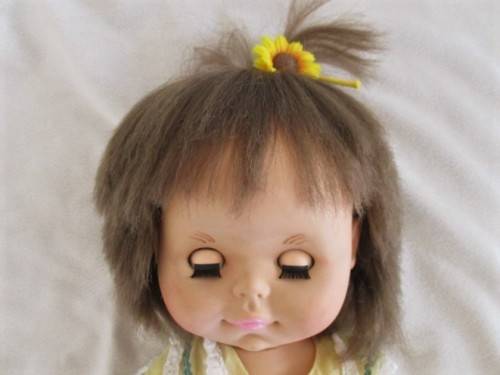 CUTE CHEEKY FACED VINTAGE DOLL IN ORIGINAL DRESS AND REAL LEATHER SHOES