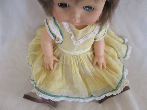 CUTE CHEEKY FACED VINTAGE DOLL IN ORIGINAL DRESS AND REAL LEATHER SHOES