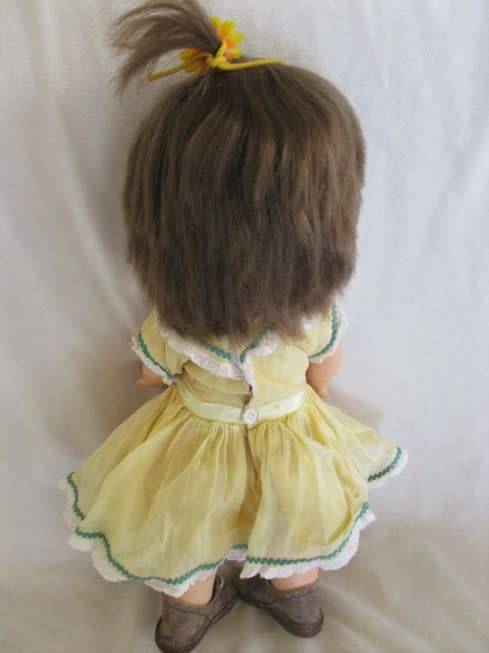 CUTE CHEEKY FACED VINTAGE DOLL IN ORIGINAL DRESS AND REAL LEATHER SHOES