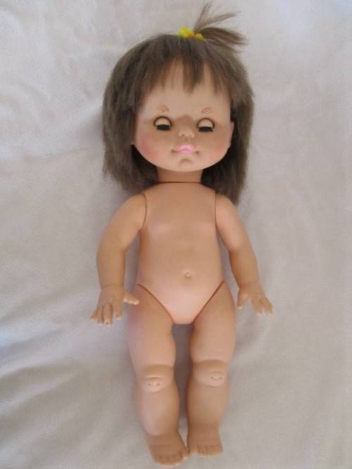 CUTE CHEEKY FACED VINTAGE DOLL IN ORIGINAL DRESS AND REAL LEATHER SHOES
