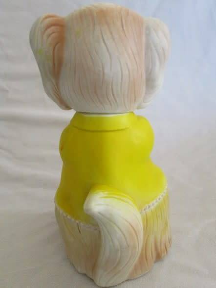 LARGE VINTAGE RUBBER SQUEAKY TOY - CUTE DOG WITH UMBRELLA AND TURNING HEAD - SQUEAKER WORKING!