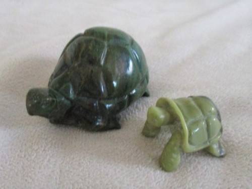 TWO BEAUTIFUL TORTOISES - CARVED OUT OF STONE - MALACHITE AND ??