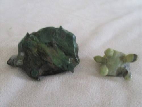 TWO BEAUTIFUL TORTOISES - CARVED OUT OF STONE - MALACHITE AND ??