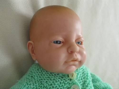 VINTAGE 40CM TALL ANATOMICALLY CORRECT BABY BOY IN HAND KNITTED THREE PIECE OUTFIT