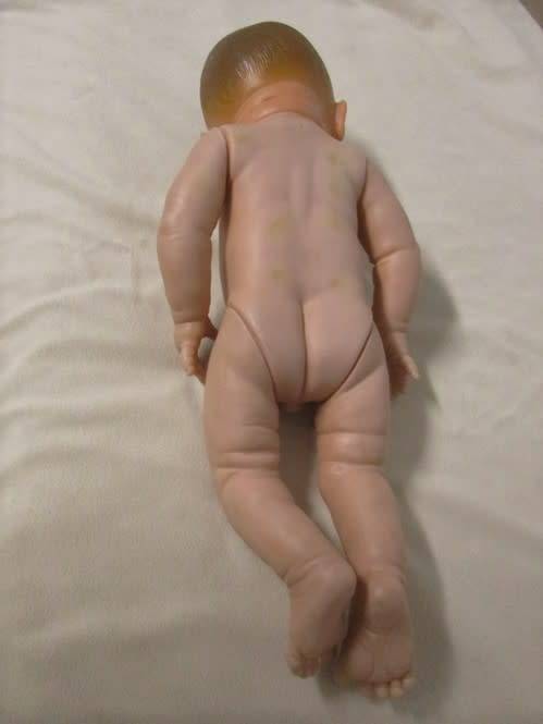 VINTAGE 40CM TALL ANATOMICALLY CORRECT BABY BOY IN HAND KNITTED THREE PIECE OUTFIT