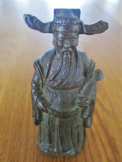 THREE ANTIQUE HEAVY, SOLID BRONZE FIGURES OF CHINESE IMMORTALS ON WOODEN STAND