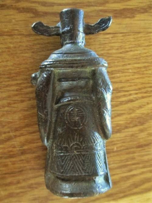 THREE ANTIQUE HEAVY, SOLID BRONZE FIGURES OF CHINESE IMMORTALS ON WOODEN STAND