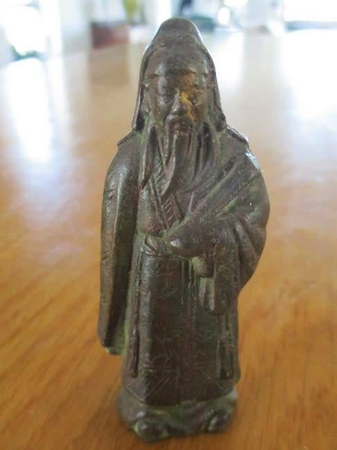 THREE ANTIQUE HEAVY, SOLID BRONZE FIGURES OF CHINESE IMMORTALS ON WOODEN STAND