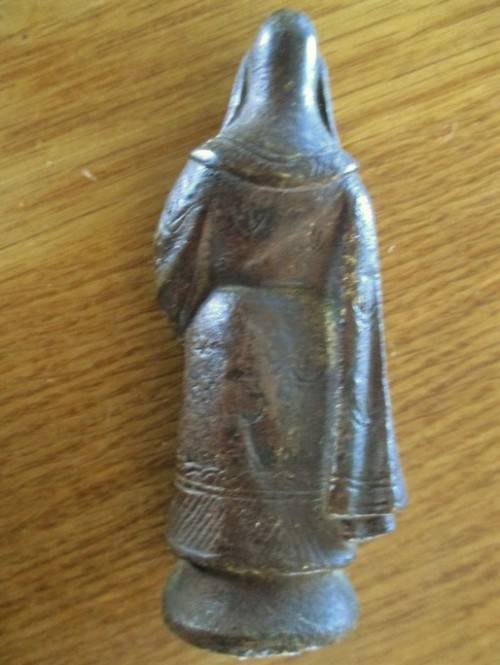 THREE ANTIQUE HEAVY, SOLID BRONZE FIGURES OF CHINESE IMMORTALS ON WOODEN STAND