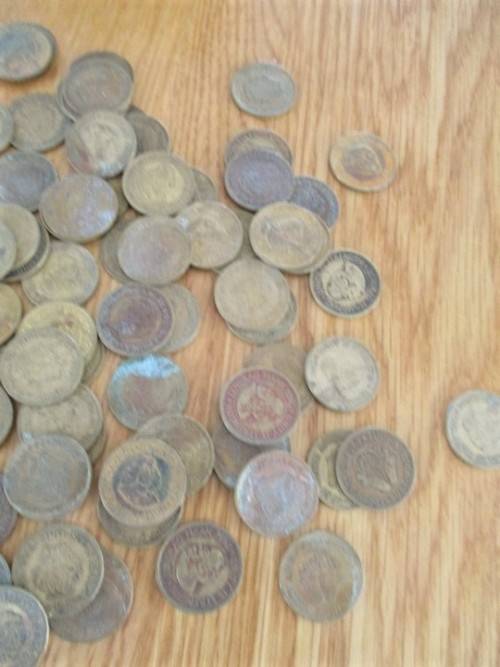 A VINTAGE "DAINTY MISS CHOCOLATES" TIN FILLED WITH OVER A HUNRED OLD 1/2 CENT COINS (LARGER SIZE)