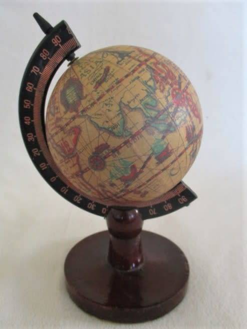 SMALL ORNAMENTAL "OLDE WORLD" GLOBE ON WOODEN STAND